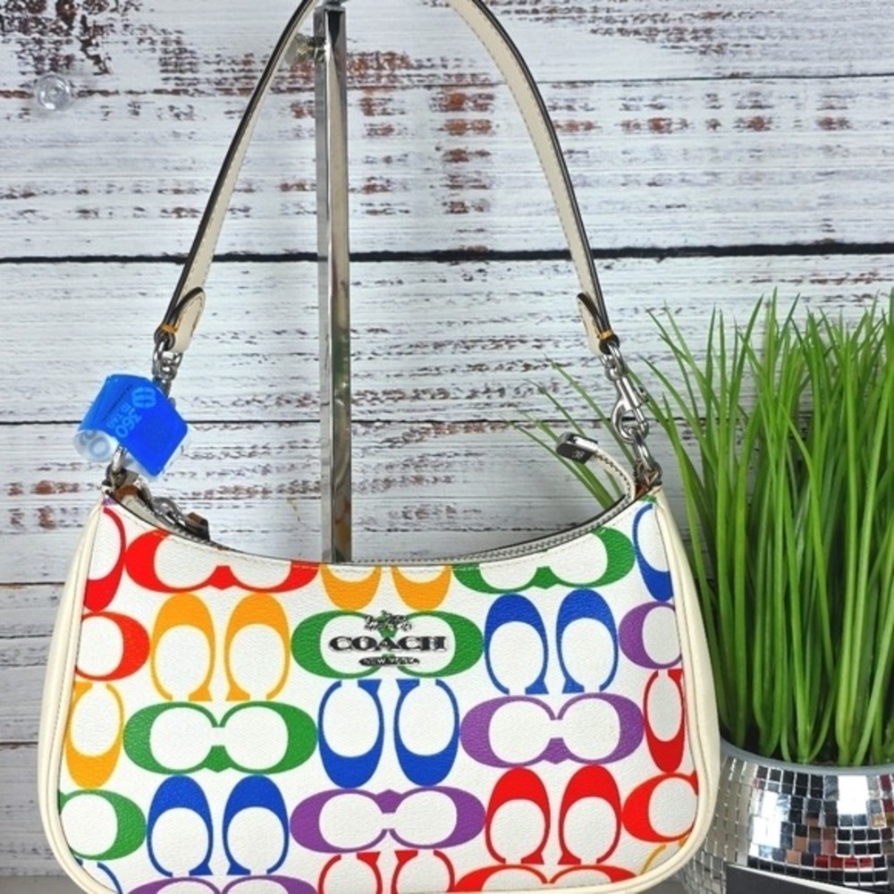 COACH TERI HAND SHOULDER SMALL BAG SIGNATURE RAINBOW CANVAS MULTI SUMMER PURSEβ - Picture 3 of 16